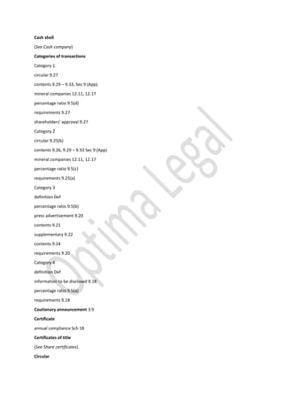 Cash shell
(See Cash company)
Categories of transactions
Category 1
circular 9.27
contents 9.29 – 9.33, Sec 9 (App)
mineral companies 12.11, 12.17
percentage ratio 9.5(d)
requirements 9.27
shareholders’ approval 9.27
Category 2
circular 9.25(b)
contents 9.26, 9.29 – 9.33 Sec 9 (App)
mineral companies 12.11, 12.17
percentage ratio 9.5(c)
requirements 9.25(a)
Category 3
definition Def
percentage ratio 9.5(b)
press advertisement 9.20
contents 9.21
supplementary 9.22
contents 9.24
requirements 9.20
Category 4
definition Def
information to be disclosed 9.18
percentage ratio 9.5(a)
requirements 9.18
Cautionary announcement 3.9
Certificate
annual compliance Sch 18
Certificates of title
(See Share certificates)
Circular
 