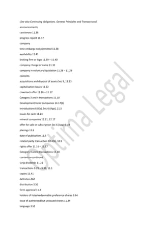 (See also Continuing obligations. General Principles and Transactions)
announcements
cautionary 11.36
progress report 11.37
company
time embargo not permitted 11.38
availability 11.41
broking firm or logo 11.39 – 11.40
company change of name 11.32
company in voluntary liquidation 11.28 – 11.29
contents
acquisitions and disposal of assets Sec 9, 11.23
capitalisation issues 11.22
claw-back offer 11.16 – 11.17
Category 3 and 4 transactions 11.18
Development listed companies 14.17(b)
introductions 6.8(b), Sec 6 (App), 11.5
issues for cash 11.24
mineral companies 12.11, 12.17
offer for sale or subscription Sec 6 (App) 11.9
placings 11.6
date of publication 11.6
related party transaction 10.4(b), 10.9
rights offer 11.16 – 11.17
Category 3 and 4 transactions 11.18
contents—continued
scrip dividends 11.22
transactions 9.29 – 9.33, 11.1
copies 11.41
definition Def
distribution 3.50
form approval 11.2
holders of listed redeemable preference shares 3.64
issue of authorised but unissued shares 11.34
language 3.51
 