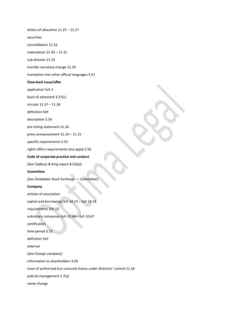 letters of allocation 11.25 – 11.27
securities
consolidation 11.33
redemption 11.30 – 11.31
sub-division 11.33
transfer secretary change 11.35
translation into other official languages 3.51
Claw-back issue/offer
application Sch 2
basis of allotment 3.27(c)
circular 11.17 – 11.18
definition Def
description 5.54
pre-listing statement 11.16
press announcement 11.14 – 11.15
specific requirements 5.55
rights offers requirements also apply 5.56
Code of corporate practice and conduct
(See Cadbury & King report 8.52(a))
Committee
(See Zimbabwe Stock Exchange — Committee)
Company
articles of association
capital and borrowings Sch 10.15 – Sch 10.18
requirements Sch 10
subsidiary companies Sch 10.44 – Sch 10.67
certification
time period 3.52
definition Def
external
(See Foreign company)
information to shareholders 3.45
issue of authorised but unissued shares under directors’ control 11.34
judicial management 1.7(a)
name change
 