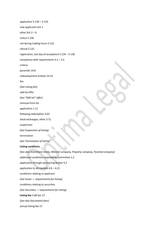 application 5.130 – 5.133
new applicants Sch 1
other Sch 2 – 6
notice 5.130
not during trading hours 5.132
refusal 5.131
registration, last day of acceptance 5.134 – 5.136
compliance with requirements 3.1 – 3.2
criteria
pyramids 14.8
redevelopment entities 14.12
fee
(See Listing fee)
odd lot offer
(See “Odd lot” offer)
removal from list
application 1.11
following redemption 3.65
stock exchanges, other 3.71
suspension
(See Suspension of listing)
termination
(See Termination of listing)
Listing conditions
(See also Investment entity, Mineral company, Property company, Pyramid company)
additional conditions imposed by Committee 1.2
application through sponsoring broker 4.2
application to all markets 4.6 – 4.21
conditions relating to applicant
(See Issuer — requirements for listing)
conditions relating to securities
(See Securities — requirements for listing)
Listing fee 3.68 Sec 17
(See also Documents fees)
annual listing fee 17
 