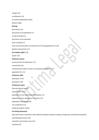 change 9.10
consideration 9.8
to market capitalisation 9.6(a)
dilution 9.6(b)
Placings
description 5.10
documents to be published 5.13
on day of listing 11.6
documents to be submitted
prior to listing 5.12
issue of securities within six months prior to listing applications 5.139
Specific requirements 5.11
Pre-emptive rights 3.30
waiver 3.32
Preference shares
announcement of redemption 1.12
removal from list
announcement and/or circular to accompany application 1.12
application for 1.11
Preference offer
description 5.141
procedure 5.141
Preliminary report
(See also Interim report)
content 8.44 – 8.50
publication of non declaration of dividends 3.12
publication of non declaration of interest 3.12
publication time period 3.20
non-compliance 3.21
review by auditors 3.22(c)
Pre-listing statements
(See also Circular, Investment entity, Mineral company, Property company, Prospectus, and Pyramid company)
accompanying circular 9.29
acquisition and merger issues 6.21
contents 6.22
 