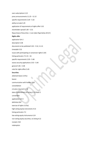over-subscriptions 5.22
press announcements 11.10 – 11.12
specific requirements 5.28 – 5.32
ability to trade 5.29
application of requirements of rights offer 5.32
shareholder spread 5.30 – 5.31
Repurchase of Securities – [ see index Page below 20-23 ]
Rights offer
application Sch 2
description 5.38
documents to be published 5.50 – 5.52, 11.13
timetable 5.53
issues with participating or conversion rights 5.101
listing particulars 7.C.15 – 16
specific requirements 5.39 – 5.48
excess security applications 5.43 – 5.44
general 5.46 – 5.48
ratio for rights offers 5.45
Securities
allotment basis 3.27(c)
bearer
communication with holders 3.56
consolidation
circulars required 11.33
date of amendment of listing 11.33 Note 3
convertible
application Sch 4
definition Def
exercise of rights 3.27(e)
high voting equity instruments 4.15
listing particulars 7.C
low voting equity instruments 4.14
non-voting equity securities, no listing 4.12
receipts 3.62
redemption
 