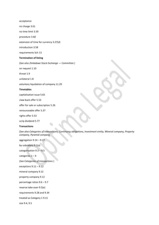 acceptance
no charge 3.61
no time limit 3.59
procedure 3.60
extension of time for currency 3.27(d)
introduction 3.58
requirements Sch 13
Termination of listing
(See also Zimbabwe Stock Exchange — Committee )
on request 1.10
threat 1.9
unilateral 1.8
voluntary liquidation of company 11.29
Timetables
capitalisation issue 5.65
claw-back offer 5.53
offer for sale or subscription 5.26
renounceable offer 5.37
rights offer 5.53
scrip dividend 5.77
Transactions
(See also Categories of transactions, Continuing obligations, Investment entity, Mineral company, Property
company, Pyramid company
aggregation 9.14 – 9.17
by subsidiary 9.1(a)
categorisation 9.3 – 9.5
categories 1 – 4
(See Categories of transactions )
exceptions 9.11 – 9.12
mineral company 9.12
property company 9.12
percentage ratios 9.6 – 9.7
reverse take-over 9.5(e)
requirements 9.28 and 9.34
treated as Category 1 9.11
size 9.4, 9.5
 
