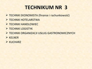 TECHNIKUM NR 3
   TECHNIK EKONOMISTA (finanse i rachunkowość)
   TECHNIK HOTELARSTWA
   TECHNIK HANDLOWIEC
   TECHNIK LOGISTYK
   TECHNIK ORGANIZACJI USŁUG GASTRONOMICZNYCH
   KELNER
   KUCHARZ
 