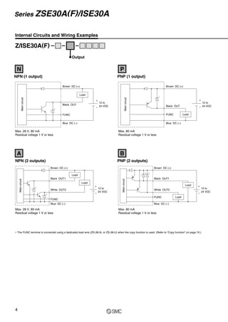 +
–
Brown DC (+)
Black OUT
Blue DC (–)
FUNC
Load
+
–
Load
Brown DC (+)
Black OUT
Blue DC (–)
FUNC
12 to
24 VDC
Brown DC (+)
Black OUT1
White OUT2
FUNC
Blue DC (–)
Load
Load
+
–
12 to
24 VDC
Brown DC (+)
Black OUT1
White OUT2
FUNC
Blue DC (–)
Load
Load
+
–
12 to
24 VDC
12 to
24 VDC
Main
circuit
Main
circuit
Main
circuit
Main
circuit
Internal Circuits and Wiring Examples
Max. 80 mA
Residual voltage 1 V or less
Max. 28 V, 80 mA
Residual voltage 1 V or less
Max. 80 mA
Residual voltage 1 V or less
Max. 28 V, 80 mA
Residual voltage 1 V or less
Z/ISE30A(F)
Output
NPN (1 output)
N
NPN (2 outputs)
A
PNP (2 outputs)
B
PNP (1 output)
P
∗ The FUNC terminal is connected using a dedicated lead wire (ZS-38-5L or ZS-38-U) when the copy function is used. (Refer to “Copy function” on page 10.)
4
Series ZSE30A(F)/ISE30A
 