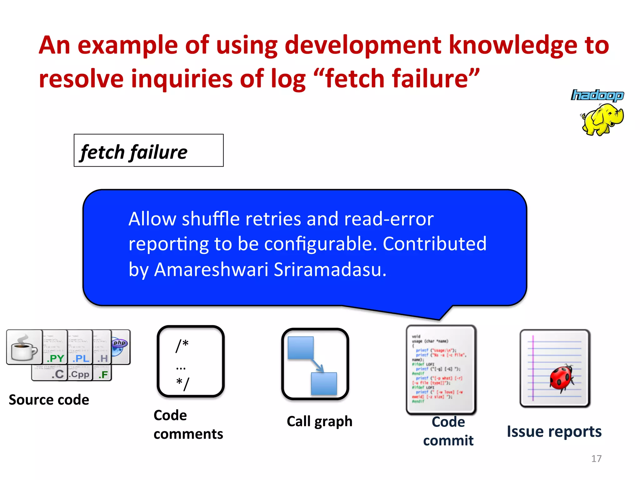 17	
  
Code	
  
commit	
  
Issue	
  reports	
  
Source	
  code	
  
	
  
	
  
/*	
  
…	
  
*/	
  
Code	
  
comments	
  
Call	
  graph	
  
fetch	
  failure	
  
Allow	
  shuﬄe	
  retries	
  and	
  read-­‐error	
  
reporCng	
  to	
  be	
  conﬁgurable.	
  Contributed	
  
by	
  Amareshwari	
  Sriramadasu.	
  
An	
  example	
  of	
  using	
  development	
  knowledge	
  to	
  
resolve	
  inquiries	
  of	
  log	
  “fetch	
  failure”	
  
 
