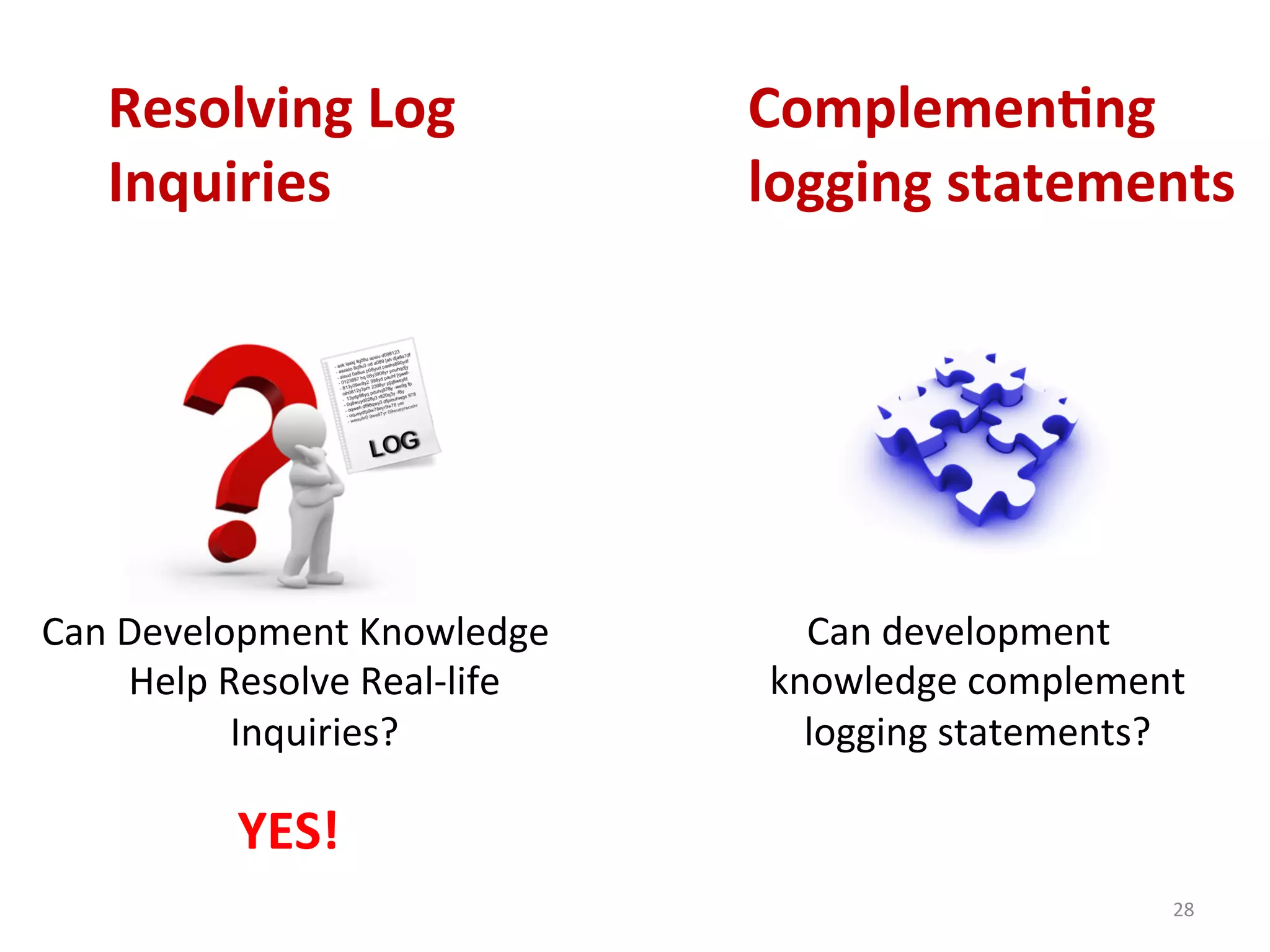 Complemen7ng	
  
logging	
  statements	
  
28	
  
Resolving	
  Log	
  
Inquiries	
  
Can	
  Development	
  Knowledge	
  
Help	
  Resolve	
  Real-­‐life	
  
Inquiries?	
  
YES!	
  
Can	
  development	
  
knowledge	
  complement	
  
logging	
  statements?	
  
 