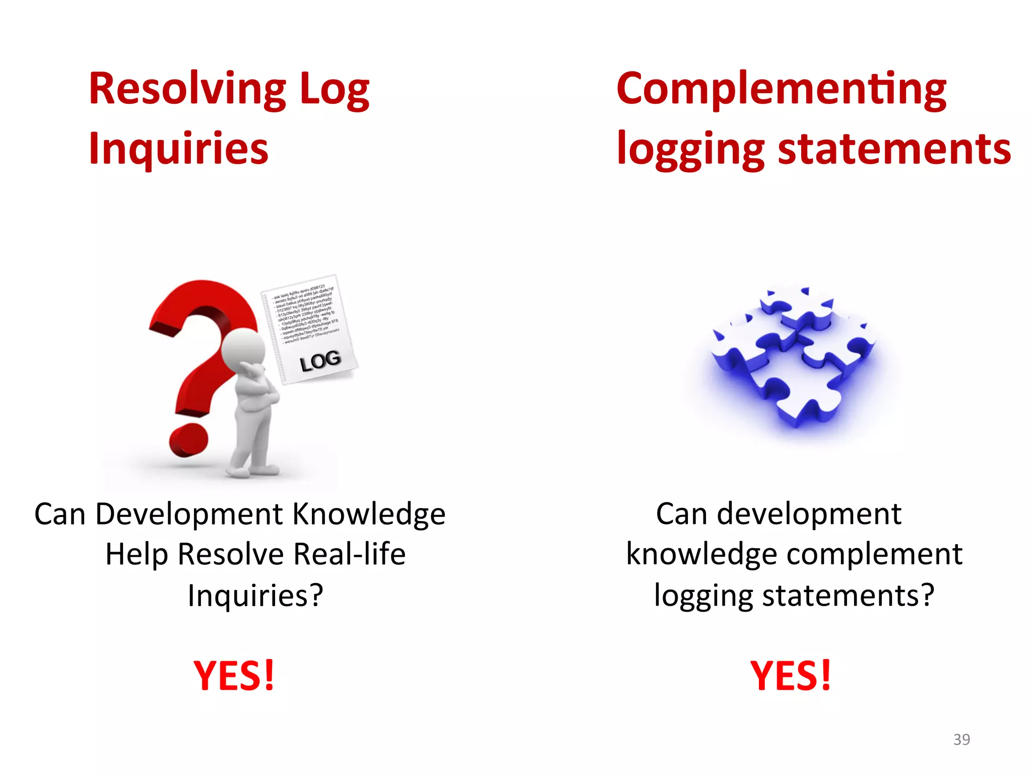 Complemen7ng	
  
logging	
  statements	
  
39	
  
Resolving	
  Log	
  
Inquiries	
  
Can	
  Development	
  Knowledge	
  
Help	
  Resolve	
  Real-­‐life	
  
Inquiries?	
  
YES!	
   YES!	
  
Can	
  development	
  
knowledge	
  complement	
  
logging	
  statements?	
  
 