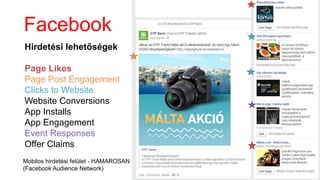 Facebook 4,8 millió felhasználó
Hirdetési lehetőségek
Page Likes
Page Post Engagement
Clicks to Website
Website Conversions
App Installs
App Engagement
Event Responses
Offer Claims
Mobilos hirdetési felület - HAMAROSAN
(Facebook Audience Network)
 