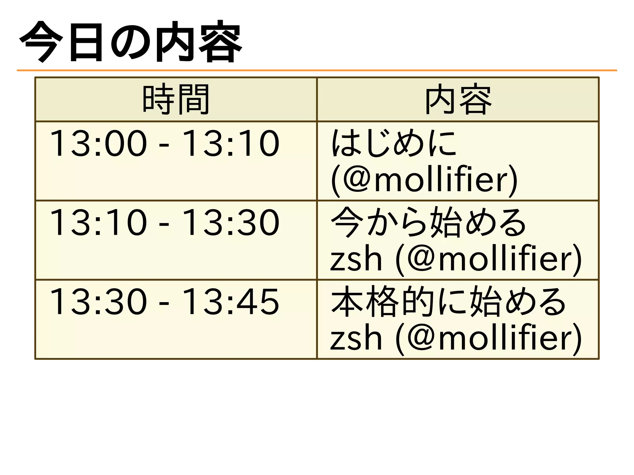 今日の内容
時間 内容
13:00 - 13:10 はじめに
(@mollifier)
13:10 - 13:30 今から始める
zsh (@mollifier)
13:30 - 13:45 本格的に始める
zsh (@mollifier)
 