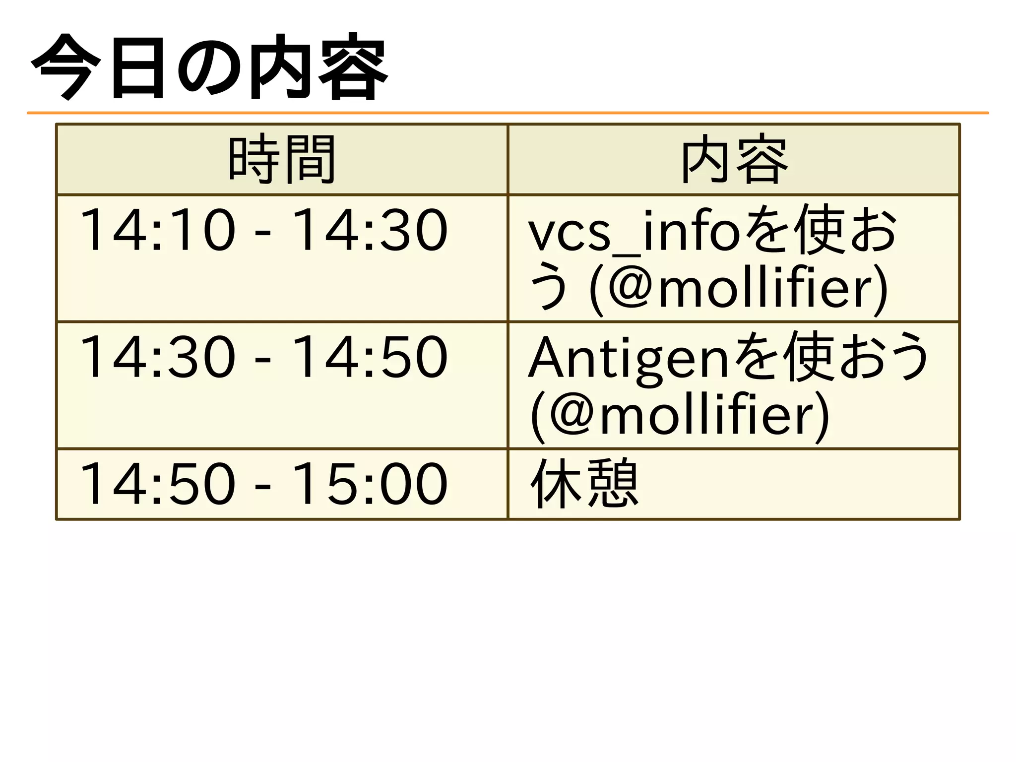 今日の内容
時間 内容
14:10 - 14:30 vcs_infoを使お
う (@mollifier)
14:30 - 14:50 Antigenを使おう
(@mollifier)
14:50 - 15:00 休憩
 