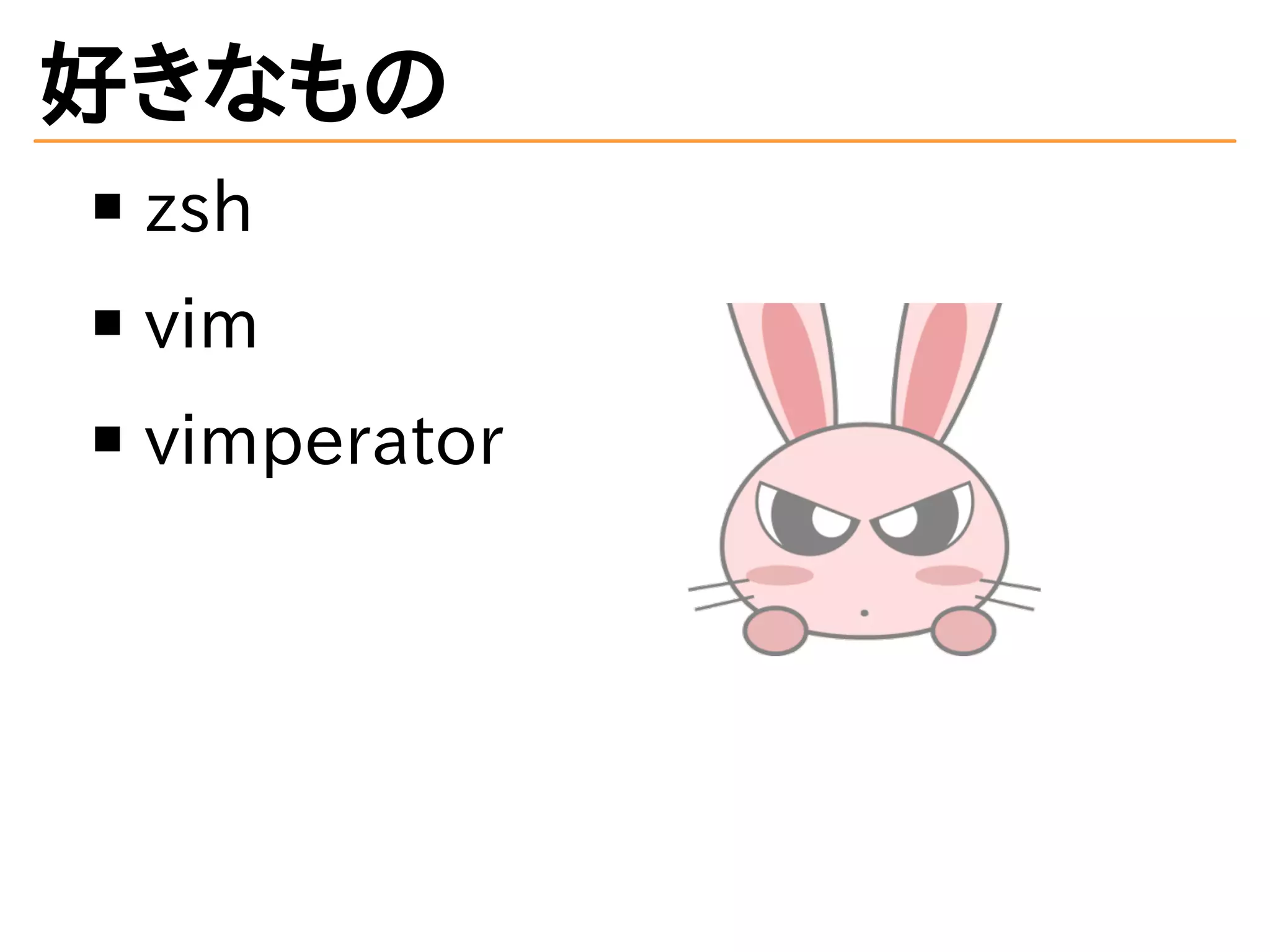 好きなもの
zsh
vim
vimperator
 