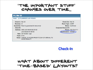 ‘the important stuff’
  changes over time...




               Check-In


What about different
‘time-based’ layouts?