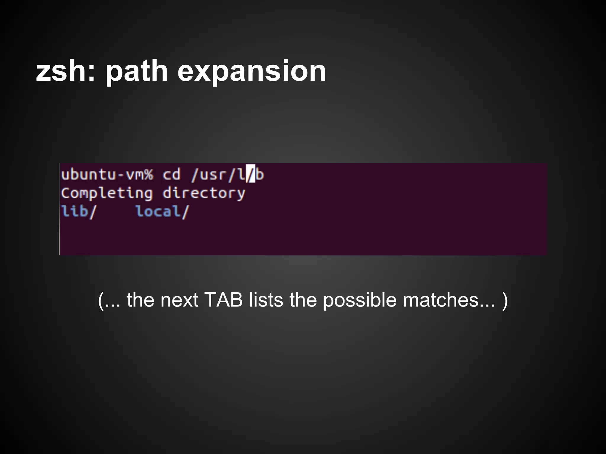 zsh: path expansion




    (... the next TAB lists the possible matches... )
 