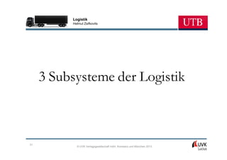 Logistik
          Helmut Zsifkovits




     3 Subsysteme der Logistik



31
            © UVK Verlagsgesellschaft mbH, Konstanz und München 2013
 