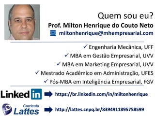 Quem sou eu?
Prof. Milton Henrique do Couto Neto
miltonhenrique@mhempresarial.com
 Engenharia Mecânica, UFF
 MBA em Gestão Empresarial, UVV
 MBA em Marketing Empresarial, UVV
 Mestrado Acadêmico em Administração, UFES
 Pós-MBA em Inteligência Empresarial, FGV
http://lattes.cnpq.br/8394911895758599
https://br.linkedin.com/in/miltonhenrique
 