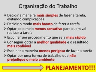 Organização do Trabalho
Decidir a maneira mais simples de fazer a tarefa,
evitando complicações
Decidir o modo mais barato de fazer a tarefa
Optar pelo meio menos cansativo para quem vai
realizar a tarefa
Escolher um procedimento que seja mais rápido
Conseguir obter a melhor qualidade e o resultado
mais confiável
Escolher a maneira menos perigosa de fazer a tarefa
Optar por uma forma de trabalho que não
prejudique o meio ambiente
PLANEJAMENTO!!!
 