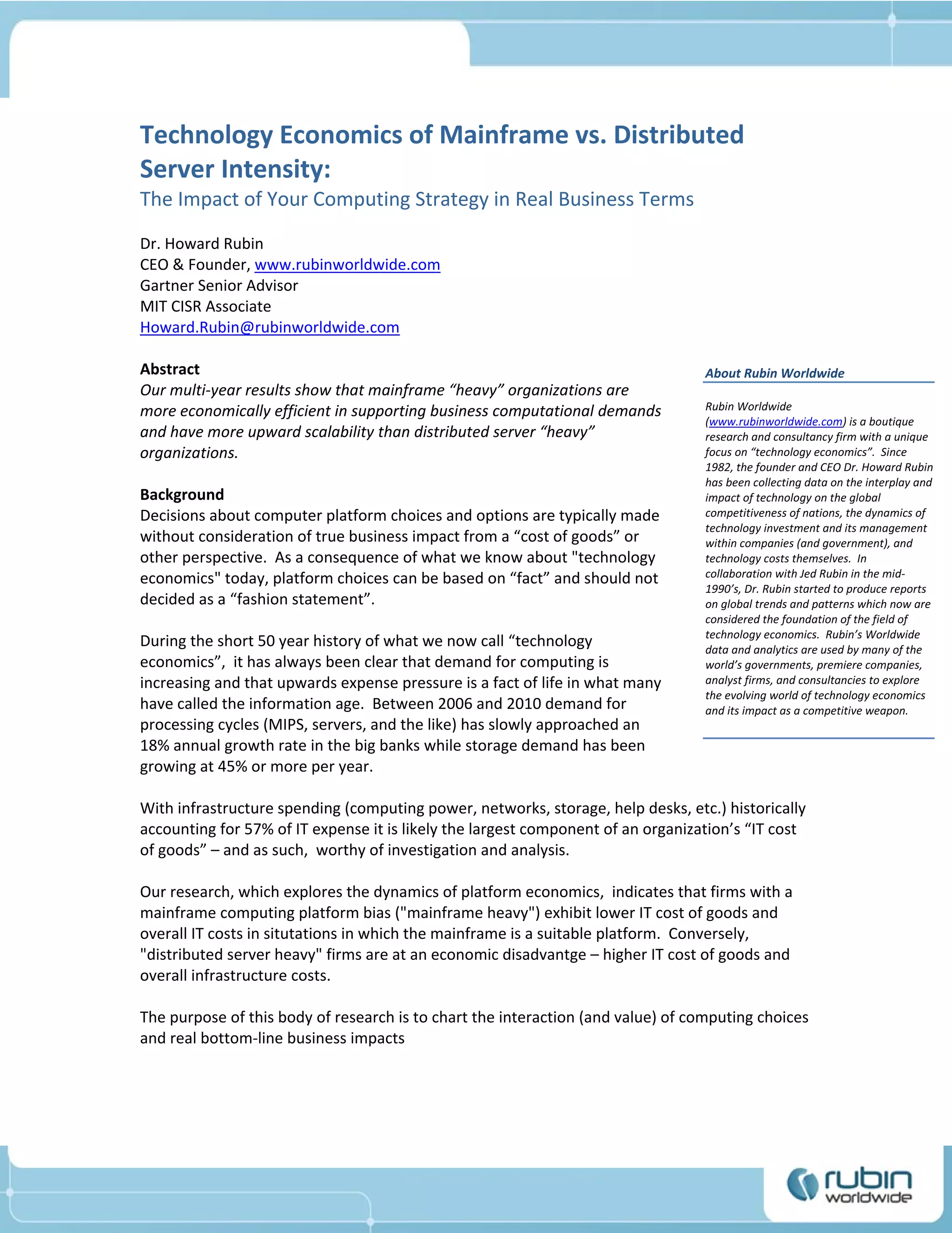 Technology Economics of Mainframe vs. Distributed Server Intensity | PDF