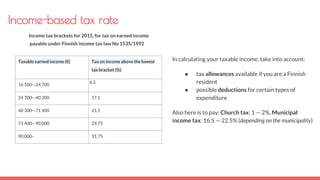 Income tax brackets for 2015, for tax on earned income
payable under Finnish income tax law No 1535/1992
In calculating your taxable income, take into account:
● tax allowances available if you are a Finnish
resident
● possible deductions for certain types of
expenditure
Also here is to pay: Church tax: 1 — 2%, Municipal
income tax: 16.5 — 22.5% (depending on the municipality)
Taxable earned income (€) Tax on income above the lowest
tax bracket (%)
16 500—24 700
6.5
24 700—40 300 17.5
40 300—71 400 21.5
71 400—90 000 29.75
90 000- 31.75
Income-based tax rate
 