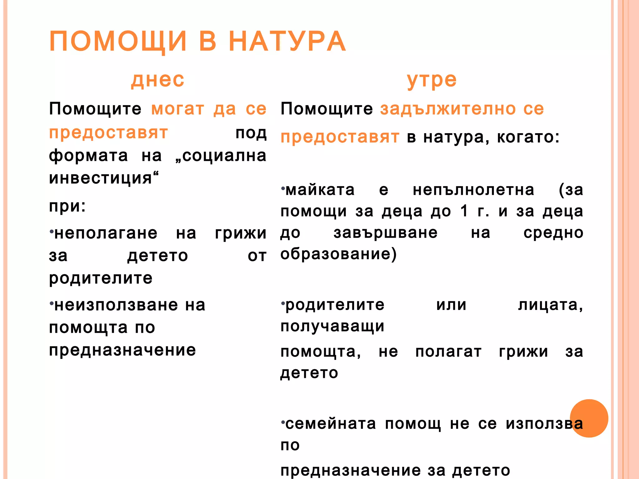 ПОМОЩИ В НАТУРА
днес утре
Помощите могат да се
предоставят под
формата на „социална
инвестиция“
при:
•неполагане на грижи
за детето от
родителите
•неизползване на
помощта по
предназначение
Помощите задължително се
предоставят в натура, когато:
•майката е непълнолетна (за
помощи за деца до 1 г. и за деца
до завършване на средно
образование)
•родителите или лицата,
получаващи
помощта, не полагат грижи за
детето
•семейната помощ не се използва
по
предназначение за детето
 