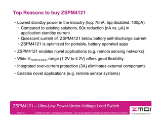 Top Reasons to buy ZSPM4121
•  Lowest standby power in the industry (Iqq: 70nA; Iqq-disabled: 100pA)
   •  Compared to existing solutions, 60x reduction (nA vs. µA) in
      application standby current
   •  Quiescent current of ZSPM4121 below battery self-discharge current
   •  ZSPM4121 is optimized for portable, battery operated apps
•  ZSPM4121 enables novel applications (e.g. remote sensing networks)
•  Wide VTHRESHOLD range (1.2V to 4.2V) offers great flexibility
•  Integrated over-current protection (3A) eliminates external components
•  Enables novel applications (e.g. remote sensor systems)




ZSPM4121 – Ultra-Low Power Under-Voltage Load Switch
  Seite 19   © ZMD AG 2010 - Company Confidential – not to be copied or reproduced without ZMD AG’s consent
 