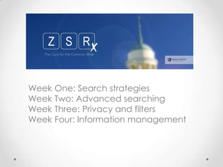 Week One: Search strategies
Week Two: Advanced searching
Week Three: Privacy and filters
Week Four: Information management
 