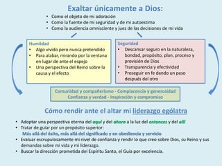 Exaltar únicamente a Dios:
• Como el objeto de mi adoración
• Como la fuente de mi seguridad y de mi autoestima
• Como la audiencia omnisciente y juez de las decisiones de mi vida
Seguridad
• Descansar seguro en la naturaleza,
bondad, propósito, plan, proceso y
provisión de Dios
• Transparencia y efectividad
• Proseguir en fe dando un paso
después del otro
Humildad
• Algo vivido pero nunca pretendido
• Para alabar, mirando por la ventana
en lugar de ante el espejo
• Una perspectiva del Reino sobre la
causa y el efecto
Comunidad y compañerismo - Complacencia y generosidad
Confianza y verdad - Inspiración y compromiso
Cómo rendir ante el altar mi liderazgo ególatra
• Adoptar una perspectiva eterna del aquí y del ahora a la luz del entonces y del allí
• Tratar de guiar por un propósito superior:
Más allá del éxito, más allá del significado y en obediencia y servicio
• Evaluar escrupulosamente mi nivel de confianza y rendir lo que creo sobre Dios, su Reino y sus
demandas sobre mi vida y mi liderazgo.
• Buscar la dirección prometida del Espíritu Santo, el Guía por excelencia.
 