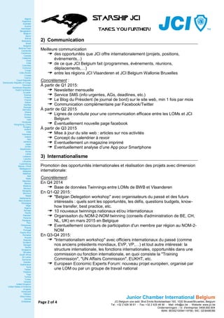 Page 2 of 4 
Algeria 
Argentina 
Australia 
Austria 
Azerbaijan 
Bangladesh 
Belgium 
Benin 
Bolivia 
Botswana 
Brazil 
Bulgaria 
Burkina Faso 
Cambodia 
Cameroon 
Canada 
Catalonia 
Chad 
Chile 
Colombia 
Comoros 
Congo 
Côte d'lvoire 
Croatia 
Cyprus 
Czech Republic 
Democratic Republic of Congo 
Denmark 
Dominican Republic 
Dutch Caribbean 
Ecuador 
Estonia 
Finland 
France 
Gabon 
Gambia 
Georgia 
Germany 
Ghana 
Greece 
Guinea 
Haiti 
Honduras 
Hong Kong, China 
Hungary 
Iceland 
India 
Indonesia 
Ireland 
Italy 
Jamaica 
Japan 
Jordan 
Kazakhstan 
Korea 
Latvia 
Lebanon 
Lesotho 
Lithuania 
Luxembourg 
Macao, China 
Madagascar 
Malaysia 
Maldives 
Mali 
Malta 
Mauritius 
Mexico 
Moldova 
Monaco 
Mongolia 
Morocco 
Nepal 
Netherlands 
New Zealand 
Nicaragua 
Niger 
Nigeria 
Norway 
Pacific 
Pakistan 
Panama 
Paraguay 
Peru 
Philippines 
Poland 
Portugal 
Puerto Rico 
Romania 
Russia 
Rwanda 
Scotland 
Senegal 
Serbia 
Singapore 
Slovakia 
South Africa 
Sri Lanka 
Suriname 
Sweden 
Switzerland 
Syria 
Taiwan 
Thailand 
Togo 
Tunisia 
Turkey 
Ukraine 
United Kingdom 
United States of America 
Uruguay 
Venezuela 
Vietnam 
West Indies 
Zambia 
Zimbabwe 
Junior Chamber International Belgium 
JCI Belgium vzw-asbl, Blvd Emile Bockstaellaan 193, 1020 Brussel/Bruxelles, Belgium 
Tel.: +32 2 428 36 61 - Fax: +32 2 425 48 90 - Mail: info@jci.be - Website: www.jci.be 
Ondernemingsnr. / nr. d'entreprise: 0408.650.904 
IBAN: BE95210094119758 / BIC: GEBABEBB 
2) Communication 
Meilleure communication 
des opportunités que JCI offre internationalement (projets, positions, évènements,..) 
de ce que JCI Belgium fait (programmes, évènements, réunions, déplacements,…) 
entre les régions JCI Vlaanderen et JCI Belgium Wallonie Bruxelles 
Concrètement : 
À partir de Q1 2015: 
Newsletter mensuelle 
Service SMS (info urgentes, AGs, deadlines, etc.) 
Le Blog du Président (le journal de bord) sur le site web, min 1 fois par mois 
Communication complémentaire par Facebook/Twitter 
À partir de Q2 2015 
Lignes de conduite pour une communication efficace entre les LOMs et JCI Belgium 
Éventuellement nouvelle page facebook 
À partir de Q3 2015 
Mise à jour du site web : articles sur nos activités 
Concept du calendrier à revoir 
Eventuellement un magazine imprimé 
Eventuellement analyse d’une App pour Smartphone 
3) Internationalisme 
Promotion des opportunités internationales et réalisation des projets avec dimension internationale: 
Concrètement: 
En Q4 2014 
Base de données Twinnings entre LOMs de BWB et Vlaanderen 
En Q1-Q2 2015: 
"Belgian Delegation workshop" avec organisateurs du passé et des futurs intéressés : quels sont les opportunités, les défis, questions budgets, know- how transfer, best practice, etc. 
10 nouveaux twinnings nationaux et/ou internationaux 
Organisaiton du NOM-2-NOM twinning (conseils d'administration de BE, CH, NL, UK) en mars 2015 en Belgique 
Eventuellement concours de participation d'un membre par région au NOM-2- NOM 
En Q3-Q4 2015: 
"Internationalism workshop" avec officiers internationaux du passé (comme nos anciens présidents mondiaux, EVP, VP,…) et tout autre intéressé: la structure internationale, les fonctions internationales, opportunités dans une commission ou fonction internationale, en quoi consiste la "Training Commission", "UN Affairs Commission", EUKHT, etc. 
European Economic Experts Forum: nouveau projet européen, organisé par une LOM ou par un groupe de travail national 
 
