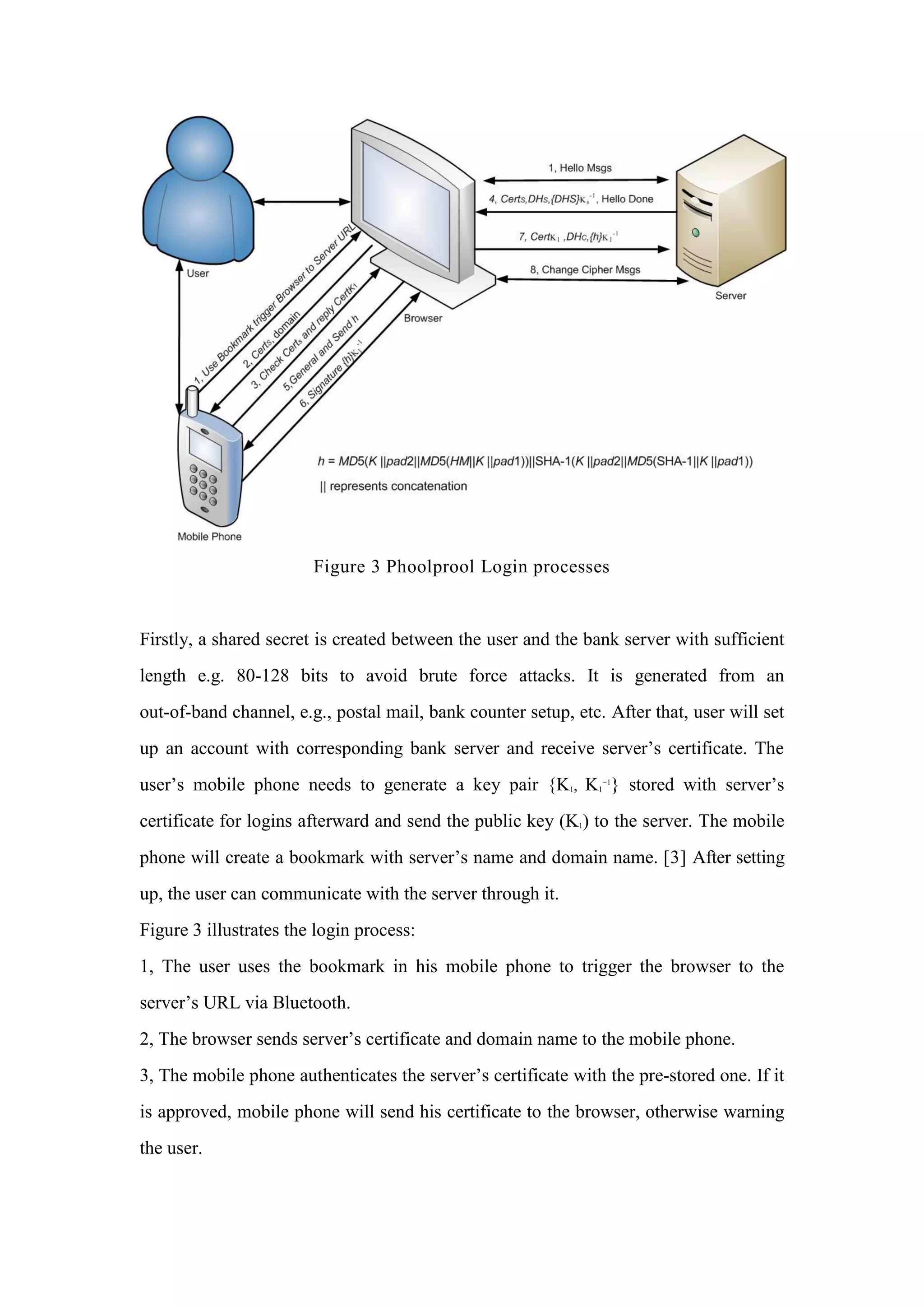 Figure 3 Phoolprool Login processes
Firstly, a shared secret is created between the user and the bank server with sufficient
length e.g. 80-128 bits to avoid brute force attacks. It is generated from an
out-of-band channel, e.g., postal mail, bank counter setup, etc. After that, user will set
up an account with corresponding bank server and receive server’s certificate. The
user’s mobile phone needs to generate a key pair {K1, K1
−1
} stored with server’s
certificate for logins afterward and send the public key (K1) to the server. The mobile
phone will create a bookmark with server’s name and domain name. [3] After setting
up, the user can communicate with the server through it.
Figure 3 illustrates the login process:
1, The user uses the bookmark in his mobile phone to trigger the browser to the
server’s URL via Bluetooth.
2, The browser sends server’s certificate and domain name to the mobile phone.
3, The mobile phone authenticates the server’s certificate with the pre-stored one. If it
is approved, mobile phone will send his certificate to the browser, otherwise warning
the user.
 