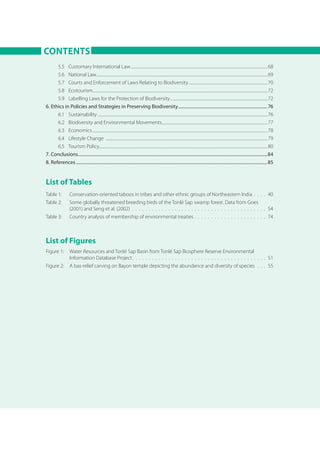 CONTENTS
5.5 	 Customary International Law...................................................................................................................................................68
5.6 	 National Law........................................................................................................................................................................................69
5.7 	 Courts and Enforcement of Laws Relating to Biodiversity.....................................................................................70
5.8 	 Ecotourism...........................................................................................................................................................................................72
5.9 	 Labelling Laws for the Protection of Biodiversity.........................................................................................................72
6. Ethics in Policies and Strategies in Preserving Biodiversity.................................................................................76
6.1 	 Sustainability.......................................................................................................................................................................................76
6.2 	 Biodiversity and Environmental Movements..................................................................................................................77
6.3 	 Economics............................................................................................................................................................................................78
6.4 	 Lifestyle Change ..............................................................................................................................................................................79
6.5 	 Tourism Policy....................................................................................................................................................................................80
7. Conclusions...........................................................................................................................................................................84
8. References.............................................................................................................................................................................85
Table 1: 	 Conservation-oriented taboos in tribes and other ethnic groups of Northeastern India .  .  .  .  .40
Table 2: 	 Some globally threatened breeding birds of the Tonlé Sap swamp forest. Data from Goes
(2001) and Seng et al. (2002) .  .  .  .  .  .  .  .  .  .  .  .  .  .  .  .  .  .  .  .  .  .  .  .  .  .  .  .  .  .  .  .  .  .  .  .  .  .  .  .  .  .54
Table 3: 	 Country analysis of membership of environmental treaties  .  .  .  .  .  .  .  .  .  .  .  .  .  .  .  .  .  .  .  .  .  . 74
Figure 1: 	 Water Resources and Tonlé Sap Basin from Tonlé Sap Biosphere Reserve Environmental
Information Database Project .  .  .  .  .  .  .  .  .  .  .  .  .  .  .  .  .  .  .  .  .  .  .  .  .  .  .  .  .  .  .  .  .  .  .  .  .  .  .  .  . 51
Figure 2: 	 A bas-relief carving on Bayon temple depicting the abundance and diversity of species .  .  .  .55
List of Tables
List of Figures
 