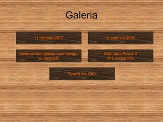 Galeria Otwarcie kompleksu sportowego  w Jastrzębi Powrót do: Chór Dąb Jana Pawła II W Lanckoronie 11 listopad 2007 18 sierpień 2006  