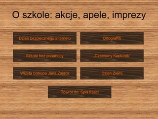 O szkole: akcje, apele, imprezy Powrót do: Spis treści Dzień bezpiecznego internetu Szkoła bez przemocy Wizyta biskupa Jana Zająca Dzień Ziemi „ Czerwony Kapturek” Ortograffiti 