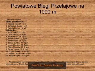 Powiatowe Biegi Przełajowe na 1000 m    Uczestnicy biegów:  Szkoła podstawowa:  1. Tobiasz Skupień - kl. V 2. Bartosz Zacharski - kl.VI  3. Klaudia Biernat - kl. VI    Szkoła Gim.  1. Kuba Wyka - kl. I gim.  2. Darek Semla - kl. I gim.  3. Rafał Gwiżdż - kl. I gim.  4. Bartek Wąsek - kl. II gim.  5. Bartek Mirek - kl. II gim.  6. Żaneta Burdek - kl. II gim.  7. Iwona Chodnik - kl. II gim.  8. Adam Chorąży - kl. III gim.  9. Damian Jurek - kl. III gim  10. Dorota Dzidek - kl. III gim.  11. Magda Chorąży - kl. III gim.  12. Justyna Wyka - kl. III gim.        Na szczególne wyróżnienia zasługują:  Tobiasz Skupień  który zajął 4 miejsce i pojedzie na zawody wojewódzkie na Błonia,  Adam Chorąży  który zajął 7 miejsce lecz nie udało mu się zakwalifikować.  Powrót do: Zawody, konkursy 