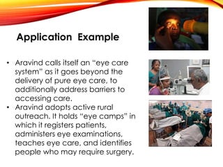 Application Example
• Aravind calls itself an “eye care
system” as it goes beyond the
delivery of pure eye care, to
additionally address barriers to
accessing care.
• Aravind adopts active rural
outreach. It holds “eye camps” in
which it registers patients,
administers eye examinations,
teaches eye care, and identifies
people who may require surgery.
 