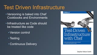 Test Driven Infrastructure
• Versioning is baked into Chef
Cookbooks and Environments
• Infrastructure as Code should
be treated like code
• Version control
• Testing
• Continuous Delivery
 