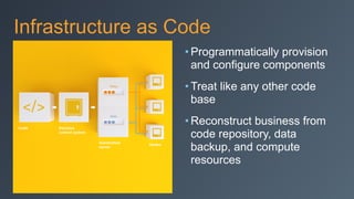 Infrastructure as Code
• Programmatically provision
and configure components
• Treat like any other code
base
• Reconstruct business from
code repository, data
backup, and compute
resources
 