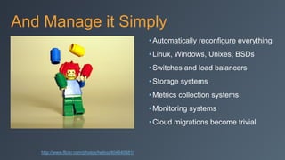 And Manage it Simply
• Automatically reconfigure everything
• Linux, Windows, Unixes, BSDs
• Switches and load balancers
• Storage systems
• Metrics collection systems
• Monitoring systems
• Cloud migrations become trivial
http://www.flickr.com/photos/helico/404640681/
 