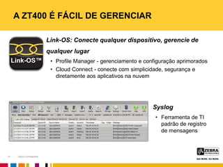 Zebra Confidential
A ZT400 É FÁCIL DE GERENCIAR
10
Link-OS: Conecte qualquer dispositivo, gerencie de
qualquer lugar
• Profile Manager - gerenciamento e configuração aprimorados
• Cloud Connect - conecte com simplicidade, segurança e
diretamente aos aplicativos na nuvem
Syslog
• Ferramenta de TI
padrão de registro
de mensagens
 