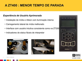 Zebra Confidential
Experiência de Usuário Aprimorada
• Instalação de mídia e ribbon com iluminação interna
• Carregamento lateral de mídia melhorado
• Interface com usuário intuitiva consistente como na ZT200
• Indicadores de status fáceis de interpretar
11
A ZT400 : MENOR TEMPO DE PARADA
 