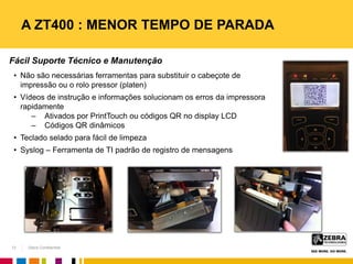 Zebra Confidential
A ZT400 : MENOR TEMPO DE PARADA
Fácil Suporte Técnico e Manutenção
• Não são necessárias ferramentas para substituir o cabeçote de
impressão ou o rolo pressor (platen)
• Vídeos de instrução e informações solucionam os erros da impressora
rapidamente
‒ Ativados por PrintTouch ou códigos QR no display LCD
‒ Códigos QR dinâmicos
• Teclado selado para fácil de limpeza
• Syslog – Ferramenta de TI padrão de registro de mensagens
12
 