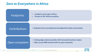 © ZTE Corporation. All rights reserved
4
Zero to Everywhere in Africa
• Landed 21 years ago in Africa.
• Present in 50+ African countries.Footprints
• Evolution from narrowband to broadband for better connectivity.
Contributions
• Cutting edge solution provider with innovative business modes.
• Open access NBN network with an open ecosystem.Open ecosystem
 