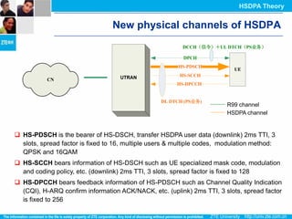 HSDPA Theory


                                 New physical channels of HSDPA
                                                          DCCH（信令）＋UL DTCH（PS业务）

                                                          DPCH
                                                        HS-PDSCH
                                                                           UE
                                    UTRAN                HS-SCCH
           CN
                                                        HS-DPCCH


                                                  DL DTCH (PS业务)
                                                                         R99 channel
                                                                         HSDPA channel


 HS-PDSCH is the bearer of HS-DSCH, transfer HSDPA user data (downlink) 2ms TTI, 3
  slots, spread factor is fixed to 16, multiple users & multiple codes, modulation method:
  QPSK and 16QAM
 HS-SCCH bears information of HS-DSCH such as UE specialized mask code, modulation
  and coding policy, etc. (downlink) 2ms TTI, 3 slots, spread factor is fixed to 128
 HS-DPCCH bears feedback information of HS-PDSCH such as Channel Quality Indication
  (CQI), H-ARQ confirm information ACK/NACK, etc. (uplink) 2ms TTI, 3 slots, spread factor
  is fixed to 256
 
