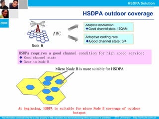HSDPA Solution


                                   HSDPA outdoor coverage
                                     Adaptive modulation
                                     Good channel state: 16QAM
                   AMC
                                     Adaptive coding rate
                                     Good channel state: 3/4
       Node B

HSDPA requires a good channel condition for high speed service:
 Good channel state
 Near to Node B

                    Micro Node B is more suitable for HSDPA




At beginning, HSDPA is suitable for micro Node B coverage of outdoor
                               hotspot
 