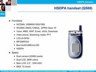 HSDPA Solution


                                           HSDPA handset (Q508)


   Functions
      WCDMA, GSM900/1800/1900
      WCDMA 384DL/128KUL, GPRS Class 10
      Voice, MMS, WAP, Email, JAVA, Download
      Video phone, Streaming media, PTT
      LCS (A-GPS)
      MP3/MPEG4
      Blue tooth/USB/mini-SD
      HSDPA

   Specs
      Dual camera (2000K pixels)
      Dual LCD: 260K colors
      Main LCD: 2.2”（240×320）
      MIDI: 72 chord
 