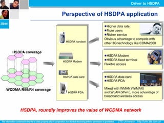 Driver to HSDPA


                        Perspective of HSDPA application
                                          Higher data rate
                                          More users
                                          Richer service
                                          Obvious advantage to compete with
                          HSDPA handset
                                          other 3G technology like CDMA2000

  HSDPA coverage
                                          HSDPA Modem
                        HSDPA Modem
                                          HSDPA fixed terminal
                                          Flexible access


                        HSPDA data card   HSDPA data card
                                          HSDPA PDA

WCDMA R99/R4 coverage                     Mixed with WMAN (WiMAX)
                           HSDPA PDA      and WLAN (Wi-Fi), more advantage of
                                          broadband wireless access



      HSDPA, roundly improves the value of WCDMA network
 