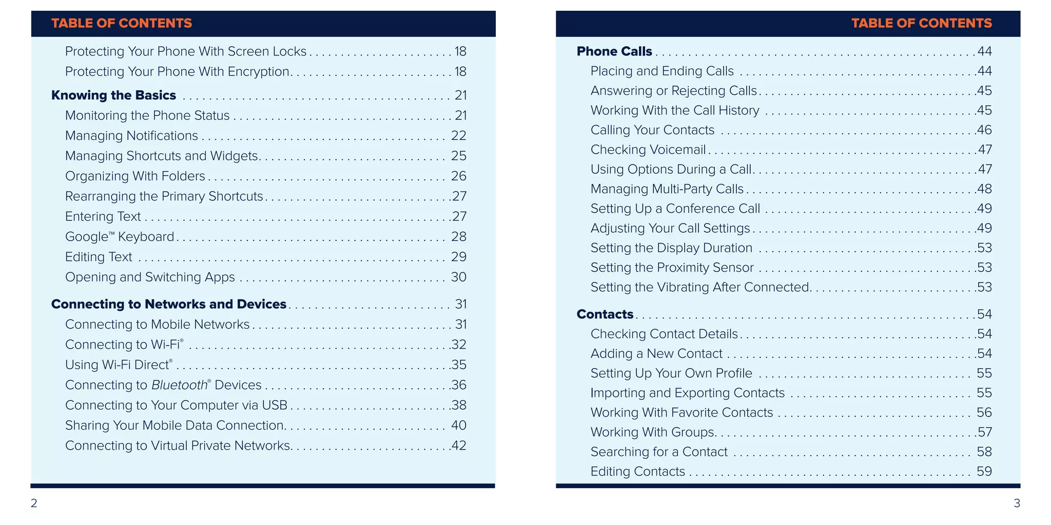 2 3
TABLE OF CONTENTSTABLE OF CONTENTS
Protecting Your Phone With Screen Locks.  .  .  .  .  .  .  .  .  .  .  .  .  .  .  .  .  .  .  .  .  .  .  . 18
Protecting Your Phone With Encryption. .  .  .  .  .  .  .  .  .  .  .  .  .  .  .  .  .  .  .  .  .  .  .  .  .  . 18
Knowing the Basics .  .  .  .  .  .  .  .  .  .  .  .  .  .  .  .  .  .  .  .  .  .  .  .  .  .  .  .  .  .  .  .  .  .  .  .  .  .  .  .  .  . 21
Monitoring the Phone Status.  .  .  .  .  .  .  .  .  .  .  .  .  .  .  .  .  .  .  .  .  .  .  .  .  .  .  .  .  .  .  .  .  .  .  . 21
Managing Notifications.  .  .  .  .  .  .  .  .  .  .  .  .  .  .  .  .  .  .  .  .  .  .  .  .  .  .  .  .  .  .  .  .  .  .  .  .  .  .  . 22
Managing Shortcuts and Widgets. .  .  .  .  .  .  .  .  .  .  .  .  .  .  .  .  .  .  .  .  .  .  .  .  .  .  .  .  .  . 25
Organizing With Folders.  .  .  .  .  .  .  .  .  .  .  .  .  .  .  .  .  .  .  .  .  .  .  .  .  .  .  .  .  .  .  .  .  .  .  .  .  .  . 26
Rearranging the Primary Shortcuts. .  .  .  .  .  .  .  .  .  .  .  .  .  .  .  .  .  .  .  .  .  .  .  .  .  .  .  .  . 27
Entering Text.  .  .  .  .  .  .  .  .  .  .  .  .  .  .  .  .  .  .  .  .  .  .  .  .  .  .  .  .  .  .  .  .  .  .  .  .  .  .  .  .  .  .  .  .  .  .  .  . 27
Google™ Keyboard. .  .  .  .  .  .  .  .  .  .  .  .  .  .  .  .  .  .  .  .  .  .  .  .  .  .  .  .  .  .  .  .  .  .  .  .  .  .  .  .  .  .  . 28
Editing Text .  .  .  .  .  .  .  .  .  .  .  .  .  .  .  .  .  .  .  .  .  .  .  .  .  .  .  .  .  .  .  .  .  .  .  .  .  .  .  .  .  .  .  .  .  .  .  .  .  . 29
Opening and Switching Apps.  .  .  .  .  .  .  .  .  .  .  .  .  .  .  .  .  .  .  .  .  .  .  .  .  .  .  .  .  .  .  .  .  . 30
Connecting to Networks and Devices. .  .  .  .  .  .  .  .  .  .  .  .  .  .  .  .  .  .  .  .  .  .  .  .  . 31
Connecting to Mobile Networks.  .  .  .  .  .  .  .  .  .  .  .  .  .  .  .  .  .  .  .  .  .  .  .  .  .  .  .  .  .  .  .  . 31
Connecting to Wi-Fi®
.  .  .  .  .  .  .  .  .  .  .  .  .  .  .  .  .  .  .  .  .  .  .  .  .  .  .  .  .  .  .  .  .  .  .  .  .  .  .  .  .  . 32
Using Wi-Fi Direct®
.  .  .  .  .  .  .  .  .  .  .  .  .  .  .  .  .  .  .  .  .  .  .  .  .  .  .  .  .  .  .  .  .  .  .  .  .  .  .  .  .  .  .  . 35
Connecting to Bluetooth®
Devices.  .  .  .  .  .  .  .  .  .  .  .  .  .  .  .  .  .  .  .  .  .  .  .  .  .  .  .  .  . 36
Connecting to Your Computer via USB.  .  .  .  .  .  .  .  .  .  .  .  .  .  .  .  .  .  .  .  .  .  .  .  .  . 38
Sharing Your Mobile Data Connection. .  .  .  .  .  .  .  .  .  .  .  .  .  .  .  .  .  .  .  .  .  .  .  .  .  . 40
Connecting to Virtual Private Networks. .  .  .  .  .  .  .  .  .  .  .  .  .  .  .  .  .  .  .  .  .  .  .  .  . 42
Phone Calls.  .  .  .  .  .  .  .  .  .  .  .  .  .  .  .  .  .  .  .  .  .  .  .  .  .  .  .  .  .  .  .  .  .  .  .  .  .  .  .  .  .  .  .  .  .  .  .  . 44
Placing and Ending Calls .  .  .  .  .  .  .  .  .  .  .  .  .  .  .  .  .  .  .  .  .  .  .  .  .  .  .  .  .  .  .  .  .  .  .  .  .  . 44
Answering or Rejecting Calls. .  .  .  .  .  .  .  .  .  .  .  .  .  .  .  .  .  .  .  .  .  .  .  .  .  .  .  .  .  .  .  .  .  . 45
Working With the Call History.  .  .  .  .  .  .  .  .  .  .  .  .  .  .  .  .  .  .  .  .  .  .  .  .  .  .  .  .  .  .  .  .  . 45
Calling Your Contacts .  .  .  .  .  .  .  .  .  .  .  .  .  .  .  .  .  .  .  .  .  .  .  .  .  .  .  .  .  .  .  .  .  .  .  .  .  .  .  .  . 46
Checking Voicemail. .  .  .  .  .  .  .  .  .  .  .  .  .  .  .  .  .  .  .  .  .  .  .  .  .  .  .  .  .  .  .  .  .  .  .  .  .  .  .  .  .  . 47
Using Options During a Call. .  .  .  .  .  .  .  .  .  .  .  .  .  .  .  .  .  .  .  .  .  .  .  .  .  .  .  .  .  .  .  .  .  .  . 47
Managing Multi-Party Calls.  .  .  .  .  .  .  .  .  .  .  .  .  .  .  .  .  .  .  .  .  .  .  .  .  .  .  .  .  .  .  .  .  .  .  .  . 48
Setting Up a Conference Call.  .  .  .  .  .  .  .  .  .  .  .  .  .  .  .  .  .  .  .  .  .  .  .  .  .  .  .  .  .  .  .  .  . 49
Adjusting Your Call Settings.  .  .  .  .  .  .  .  .  .  .  .  .  .  .  .  .  .  .  .  .  .  .  .  .  .  .  .  .  .  .  .  .  .  .  . 49
Setting the Display Duration .  .  .  .  .  .  .  .  .  .  .  .  .  .  .  .  .  .  .  .  .  .  .  .  .  .  .  .  .  .  .  .  .  .  . 53
Setting the Proximity Sensor.  .  .  .  .  .  .  .  .  .  .  .  .  .  .  .  .  .  .  .  .  .  .  .  .  .  .  .  .  .  .  .  .  .  . 53
Setting the Vibrating After Connected. .  .  .  .  .  .  .  .  .  .  .  .  .  .  .  .  .  .  .  .  .  .  .  .  .  . 53
Contacts. .  .  .  .  .  .  .  .  .  .  .  .  .  .  .  .  .  .  .  .  .  .  .  .  .  .  .  .  .  .  .  .  .  .  .  .  .  .  .  .  .  .  .  .  .  .  .  .  .  .  . 54
Checking Contact Details. .  .  .  .  .  .  .  .  .  .  .  .  .  .  .  .  .  .  .  .  .  .  .  .  .  .  .  .  .  .  .  .  .  .  .  .  . 54
Adding a New Contact.  .  .  .  .  .  .  .  .  .  .  .  .  .  .  .  .  .  .  .  .  .  .  .  .  .  .  .  .  .  .  .  .  .  .  .  .  .  .  . 54
Setting Up Your Own Profile .  .  .  .  .  .  .  .  .  .  .  .  .  .  .  .  .  .  .  .  .  .  .  .  .  .  .  .  .  .  .  .  .  .  . 55
Importing and Exporting Contacts.  .  .  .  .  .  .  .  .  .  .  .  .  .  .  .  .  .  .  .  .  .  .  .  .  .  .  .  .  . 55
Working With Favorite Contacts.  .  .  .  .  .  .  .  .  .  .  .  .  .  .  .  .  .  .  .  .  .  .  .  .  .  .  .  .  .  .  . 56
Working With Groups. .  .  .  .  .  .  .  .  .  .  .  .  .  .  .  .  .  .  .  .  .  .  .  .  .  .  .  .  .  .  .  .  .  .  .  .  .  .  .  .  . 57
Searching for a Contact .  .  .  .  .  .  .  .  .  .  .  .  .  .  .  .  .  .  .  .  .  .  .  .  .  .  .  .  .  .  .  .  .  .  .  .  .  .  . 58
Editing Contacts.  .  .  .  .  .  .  .  .  .  .  .  .  .  .  .  .  .  .  .  .  .  .  .  .  .  .  .  .  .  .  .  .  .  .  .  .  .  .  .  .  .  .  .  .  . 59
 