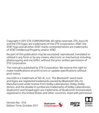 Copyright © 2017 ZTE CORPORATION. All rights reserved. ZTE, Axon M,
and the ZTE logos are trademarks of the ZTE Corporatio...