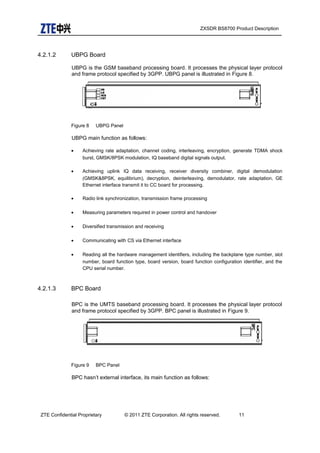 ZXSDR BS8700 Product Description
4.2.1.2 UBPG Board
UBPG is the GSM baseband processing board. It processes the physical layer protocol
and frame protocol specified by 3GPP. UBPG panel is illustrated in Figure 8.
Figure 8 UBPG Panel
UBPG main function as follows:
• Achieving rate adaptation, channel coding, interleaving, encryption, generate TDMA shock
burst, GMSK/8PSK modulation, IQ baseband digital signals output.
• Achieving uplink IQ data receiving, receiver diversity combiner, digital demodulation
(GMSK&8PSK, equilibrium), decryption, deinterleaving, demodulator, rate adaptation, GE
Ethernet interface transmit it to CC board for processing.
• Radio link synchronization, transmission frame processing
• Measuring parameters required in power control and handover
• Diversified transmission and receiving
• Communicating with CS via Ethernet interface
• Reading all the hardware management identifiers, including the backplane type number, slot
number, board function type, board version, board function configuration identifier, and the
CPU serial number.
4.2.1.3 BPC Board
BPC is the UMTS baseband processing board. It processes the physical layer protocol
and frame protocol specified by 3GPP. BPC panel is illustrated in Figure 9.
Figure 9 BPC Panel
BPC hasn’t external interface, its main function as follows:
ZTE Confidential Proprietary © 2011 ZTE Corporation. All rights reserved. 11
 