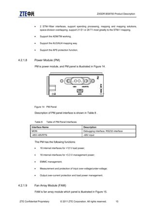 ZXSDR BS8700 Product Description
• 2 STM-1fiber interfaces, support spending processing, mapping and mapping solutions,
space-division overlapping, support 21 E1 or 28 T1 most greatly to the STM-1 mapping.
• Support the ADM/TM working.
• Support the AU3/AU4 mapping way.
• Support the APS protection function.
4.2.1.8 Power Module (PM)
PM is power module, and PM panel is illustrated in Figure 14.
Figure 14 PM Panel
Description of PM panel interface is shown in Table 8 .
Table 8 Table of PM Panel Interfaces
Interface Name Description
MON Debugging interface, RS232 interface
-48V/-48VRTN -48V input
The PM has the following functions:
• 16 internal interfaces for +12 V load power;
• 16 internal interfaces for +3.3 V management power;
• EMMC management;
• Measurement and protection of input over-voltage/under-voltage;
• Output over-current protection and load power management.
4.2.1.9 Fan Array Module (FAM)
FAM is fan array module which panel is illustrated in Figure 15.
ZTE Confidential Proprietary © 2011 ZTE Corporation. All rights reserved. 15
 