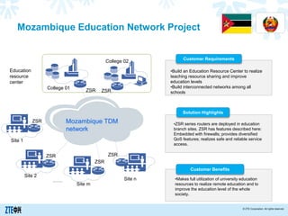 © ZTE Corporation. All rights reserved.
Mozambique Education Network Project
Customer Requirements
•Build an Education Resource Center to realize
teaching resource sharing and improve
education levels
•Build interconnected networks among all
schools
Solution Highlights
•ZSR series routers are deployed in education
branch sites. ZSR has features described here:
Embedded with firewalls; provides diversified
QoS features; realizes safe and reliable service
access.
Customer Benefits
•Makes full utilization of university education
resources to realize remote education and to
improve the education level of the whole
society.
Education
resource
center
Mozambique TDM
network
College 01
College 02
ZSR ZSR
ZSR
ZSR
ZSR
ZSR
Site 1
Site 2
Site m
Site n……
Flag
 